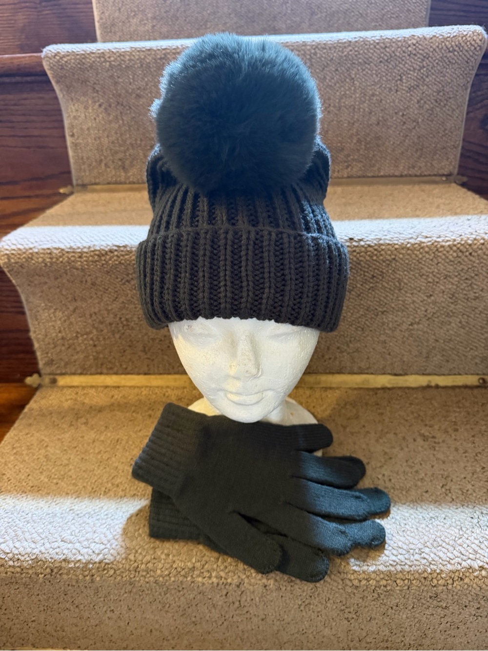 Steve Madden Dark Olive Ribbed Knit Beanie with Metal Logo & Gloves